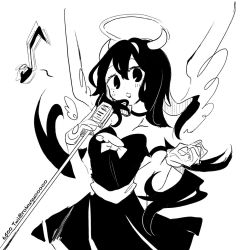 Rule 34 | 1girl, alice (bendy and the ink machine), bendy and the ink machine, black hair, breasts, gloves, halo, horns, long hair, microphone, solo, wings