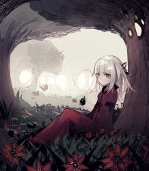 Rule 34 | 1girl, black ribbon, breasts, bug, butterfly, closed mouth, dress, eyebrows, flower, forest, grass, hair ribbon, insect, long dress, long hair, long sleeves, nature, original, purple eyes, red dress, ribbon, riuichi, sitting, solo, tree, white hair