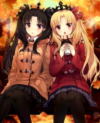 Rule 34 | 2girls, :o, autumn, autumn leaves, bad id, bad pixiv id, black eyes, black hair, black ribbon, black skirt, blonde hair, blue skirt, blush, brown coat, brown scarf, coat, commentary, cup, day, disposable cup, duffel coat, ereshkigal (fate), fate/grand order, fate (series), feet out of frame, hair ribbon, hands in pockets, holding, holding cup, ishtar (fate), long hair, long sleeves, looking at viewer, miniskirt, multiple girls, on bench, open mouth, outdoors, pantyhose, parted bangs, parted lips, plaid, plaid scarf, plaid skirt, pleated skirt, red coat, red eyes, red ribbon, ribbon, scarf, siblings, sisters, sitting, skirt, symbol-only commentary, tareme, tiara, very long hair, yimu