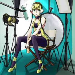 Rule 34 | 1girl, blonde hair, blue eyes, boom microphone, cabonara artblock, can, chair, choker, collarbone, creatures (company), elesa (pokemon), folding chair, full body, game freak, high heels, highres, holding, holding can, looking to the side, nintendo, parted lips, pokemon, pokemon bw, short hair with long locks, signature, sitting, solo, studio lights
