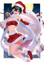 Rule 34 | 1girl, :d, absurdres, armpits, bandeau, bare shoulders, black hair, boots, box, breasts, christmas, crop top, detached sleeves, full moon, fur trim, gift, gift box, gloves, hat, highres, holding, long sleeves, looking at viewer, medium breasts, midriff, miniskirt, moon, navel, open mouth, original, outstretched arm, red eyes, red skirt, revealing clothes, sack, santa costume, santa hat, scarf, short hair, skirt, smile, solo, stomach, strapless, thighs, tube top, white gloves, yamanokami eaka