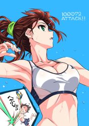 Rule 34 | 1boy, 1girl, armpits, ball, blue background, breasts, brown hair, cleavage, commentary, commentary request, english text, green eyes, highres, long hair, medium breasts, original, playing sports, ponytail, simple background, sports bra, suzutsuki kurara, volleyball, volleyball (object), volleyball net