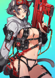 Rule 34 | 1girl, animal ears, barcode, blue eyes, blush, breasts, cat ears, cat tail, cleavage, commentary request, gradient background, grey hair, gun, holding, holding gun, holding weapon, hood, looking at viewer, navel, open mouth, original, pouch, sheath, sheathed, short hair, shrug (clothing), solo, sword, tail, tajima ryuushi, weapon