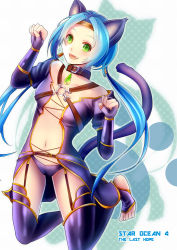 Rule 34 | 1girl, animal ears, blue hair, blue thighhighs, cat ears, cat tail, choker, circlet, copyright name, fingerless gloves, full body, garter straps, gloves, green eyes, highres, kneeling, long hair, meracle chamlotte, o-ring, paw pose, revealing clothes, shinrin kusaba, smile, solo, star ocean, star ocean the last hope, stirrup legwear, tail, thighhighs, toeless legwear, toes, twintails