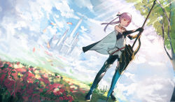 Rule 34 | 1girl, armored boots, bad id, bad pixiv id, black legwear, boots, cloud, cloudy sky, collar, commentary request, day, dress, elbow gloves, field, flower, flower field, frilled collar, frilled dress, frills, full body, gloves, grass, hair ribbon, holding, holding lance, holding polearm, holding weapon, lance, live union, long hair, looking at viewer, neck ribbon, official art, outdoors, polearm, red eyes, red ribbon, ribbon, ruri enma (live union), sky, sleeveless, sleeveless dress, solo, standing, tree, twintails, virtual youtuber, watori re, weapon