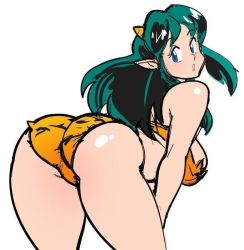 Rule 34 | 1girl, animal print, ass, bent over, blue eyes, blush, breasts, green hair, horns, large breasts, long hair, looking at viewer, looking back, lum, oni, pointy ears, simple background, solo, suggestive, tiger print, watatanza, white background
