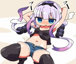 Rule 34 | 1girl, armpits, arms behind head, arms up, beads, black thighhighs, blue eyes, blush, breasts, commentary request, crop top, denim, denim shorts, hair beads, hair ornament, kanikama, kanna kamui, kobayashi-san chi no maidragon, long hair, lying, midriff, navel, on back, open mouth, pink hair, ribbon, short shorts, shorts, skindentation, small breasts, solo, spread legs, tank top, thighhighs, twintails, unbuttoned