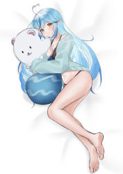 Rule 34 | 1girl, ahoge, alternate costume, arurire, bare legs, barefoot, bed sheet, black bra, black panties, blue hair, blue jacket, blush, bra, braid, breasts, cheek squash, cleavage, closed mouth, commentary, daifuku (yukihana lamy), french braid, from above, full body, half updo, heart, heart ahoge, highres, holding, holding stuffed toy, hololive, jacket, lace, lace-trimmed bra, lace trim, light blue hair, long hair, looking at viewer, lying, medium breasts, midriff, multicolored hair, navel, off shoulder, on side, open clothes, open jacket, panties, pointy ears, sleepwear, smile, soles, solo, streaked hair, stuffed toy, two-tone hair, underwear, virtual youtuber, yellow eyes, yukihana lamy