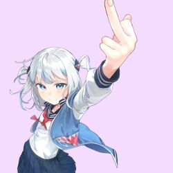 Rule 34 | 1girl, absurdres, blue eyes, blue sailor collar, foreshortening, gawr gura, gawr gura (school uniform), hair ornament, highres, hololive, hololive english, kiguh1004, looking at viewer, middle finger, multicolored hair, neckerchief, official alternate costume, pink background, pleated skirt, red neckerchief, sailor collar, school uniform, serafuku, shark girl, shark hair ornament, skirt, solo, streaked hair, upper body, v-shaped eyebrows, white hair