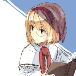 Rule 34 | 1girl, alice margatroid, bespectacled, black eyes, blonde hair, book, capelet, face, female focus, glasses, hairband, looking back, open book, ribbon, short hair, sketch, solo, touhou, weee (raemz)