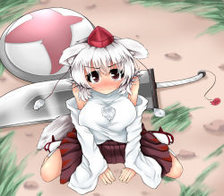 Rule 34 | 1girl, animal ears, bad id, bad pixiv id, bare shoulders, blush, breasts, detached sleeves, from above, hat, huge breasts, hydrant (kasozama), inubashiri momiji, large breasts, red eyes, shield, sitting, solo, sword, tail, tears, tokin hat, touhou, wariza, weapon, white hair, wolf ears, wolf tail