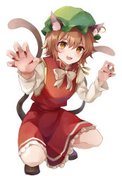 Rule 34 | 1girl, :d, absurdres, animal ear fluff, animal ears, blush, bow, bowtie, breasts, brown eyes, brown hair, cat ears, cat tail, chen, claw pose, dress, earrings, fang, fingernails, full body, gold trim, green hat, hair between eyes, hands up, hat, highres, jewelry, koizumo, long fingernails, looking at viewer, mob cap, multiple tails, nail polish, nekomata, open mouth, petticoat, red dress, red nails, sharp fingernails, short hair, simple background, single earring, slit pupils, small breasts, smile, solo, squatting, tail, touhou, two tails, white background, white bow, white bowtie