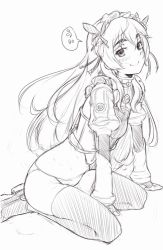 Rule 34 | 10s, 1girl, blush, chaika trabant, female focus, greyscale, hairband, hitsugi no chaika, ina (gokihoihoi), kneeling, long hair, looking at viewer, md5 mismatch, monochrome, panties, resized, simple background, sitting, sketch, smile, solo, thighhighs, underwear, white background