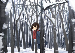 Rule 34 | 10s, 1girl, ^ ^, abe kanari, behind tree, blue skirt, blush, brown hair, coat, closed eyes, facing viewer, forest, fubuki (kancolle), kantai collection, nature, outdoors, pleated skirt, ponytail, red scarf, scarf, short hair, short ponytail, skirt, smile, solo, winter clothes