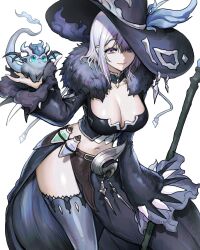 Rule 34 | 1girl, absurdres, black hat, breasts, cleavage, dragon, fur trim, grey thighhighs, hat, highres, holding, holding staff, large breasts, long sleeves, looking at viewer, mage staff, navel, original, potion, purple eyes, raku (clearpage), short hair, simple background, solo, staff, standing, tail, thighhighs, thighs, western dragon, white background, white hair, witch hat