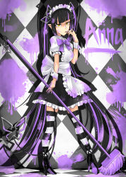 Rule 34 | 1girl, absurdres, alternate costume, apron, black dress, black footwear, black hair, black thighhighs, blunt bangs, bow, bowtie, breasts, character name, checkered background, checkered floor, collared shirt, commentary request, demon girl, demon horns, dress, engacyo (engacyo39800yen), enmaided, frilled apron, frilled sleeves, frills, full body, high heels, highres, holding, holding paintbrush, horns, jewelry, kojo anna, licking, licking finger, long hair, looking at viewer, maid, maid apron, maid headdress, medium breasts, multicolored hair, nanashi inc., open mouth, paint splatter, paintbrush, pointy ears, puffy short sleeves, puffy sleeves, purple bow, purple bowtie, purple hair, ring, shirt, short sleeves, sleeveless, sleeveless dress, solo, striped clothes, striped thighhighs, sugar lyric, thighhighs, twintails, two-tone hair, very long hair, virtual youtuber, white apron, white shirt, white thighhighs, yellow eyes