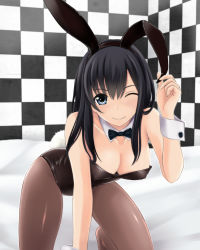Rule 34 | 1girl, animal ears, black hair, blue eyes, bow, bowtie, breasts, checkered background, checkered wall, cleavage, detached collar, facing viewer, fake animal ears, leaning forward, long hair, looking at viewer, nonaka chikin, one eye closed, original, pantyhose, playboy bunny, rabbit ears, rabbit tail, smile, solo, tail, wrist cuffs