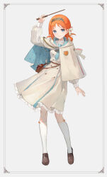 Rule 34 | 1girl, absurdres, arm up, blue eyes, blue necktie, brown footwear, capelet, closed mouth, commentary request, dress, frilled dress, frills, full body, grey background, grey capelet, grey dress, hairband, highres, holding, kneehighs, kobuta, loafers, long hair, necktie, orange hair, original, pleated dress, shoes, short necktie, simple background, smile, socks, solo, standing, white socks