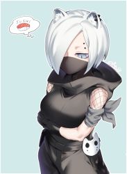 Rule 34 | 1girl, animal ear fluff, animal ears, arknights, black gloves, blue background, commentary request, cowboy shot, fish (food), fishnets, food, gloves, grey eyes, hair over one eye, highres, kunosuke (kn 8), mask, mouth mask, nigirizushi, shirayuki (arknights), short hair, silver hair, simple background, solo, sushi, tail, thought bubble, weasel ears, weasel tail