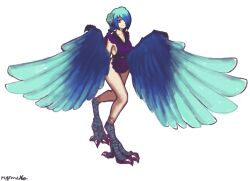 Rule 34 | 1girl, absurdres, apron, artist name, bird legs, blue flower, blue hair, blue wings, breasts, commentary, english commentary, flower, full body, gradient hair, gradient wings, hair flower, hair ornament, hair over one eye, harpy, highres, long hair, looking at viewer, low ponytail, medium breasts, monster girl, multicolored hair, multicolored wings, myrneko, naked apron, original, purple apron, purple eyes, simple background, smile, solo, talons, white background, wings