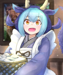 1girl basket blue_hair blue_kimono dragon_girl dragon_horns dragon_tail duel_monster fang hatano_kiyoshi holding holding_basket horns japanese_clothes kimono laundry_dragonmaid looking_at_viewer maid smile solo tail wa_maid yellow_eyes yu-gi-oh!