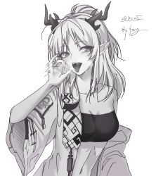 Rule 34 | 1girl, arknights, bandeau, bare shoulders, breasts, breath, cleavage, commentary, dated, fellatio gesture, greyscale, half updo, hand up, highres, horns, jacket, long hair, looking at viewer, medium breasts, midriff, monochrome, navel, nian (arknights), off shoulder, open clothes, open jacket, open mouth, pointy ears, simple background, solo, stomach, strapless, tongue, tongue out, tube top, upper body, white background, wide sleeves, y0ung