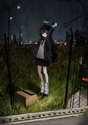 Rule 34 | 1girl, absurdres, arm up, beanie, black bag, black eyes, black hair, black hat, black jacket, black skirt, box, building, car, cardboard box, chain-link fence, fence, grass, grey sweater, hand in pocket, hat, highres, holding, holding knife, holding weapon, jacket, knife, long hair, loose socks, motor vehicle, necktie, night, original, outdoors, pleated skirt, power lines, reverse grip, senakira, skirt, socks, solo, standing, sweater, tree, v-neck, weapon