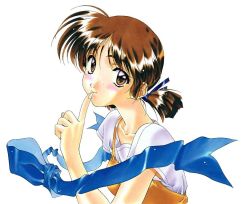Rule 34 | 1990s (style), 1girl, adachi taeko, blush, brown hair, freckles, hair ribbon, kai tomohisa, ribbon, sentimental graffiti, solo