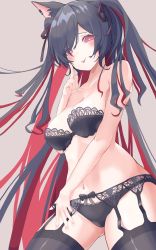 Rule 34 | 1girl, :p, absurdres, animal ears, arisaki (cnxy7525), bare arms, black bra, black hair, black panties, black thighhighs, blush, bow, bow panties, bra, breasts, cat ears, cleavage, ear piercing, finger to mouth, from below, garter belt, hair ornament, hair ribbon, heart, heart-shaped pupils, highres, in heat, large breasts, lingerie, long hair, looking at viewer, mitsurugi lia, navel, panties, piercing, red eyes, red hair, ribbon, simple background, smile, symbol-shaped pupils, thighhighs, tongue, tongue out, underwear, virtual youtuber, wactor production