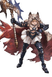 Rule 34 | 10s, 1girl, armor, armored boots, axe, battle axe, berserker (granblue fantasy), blonde hair, boots, breasts, brown eyes, cape, clothing cutout, djeeta (granblue fantasy), full body, gauntlets, gloves, granblue fantasy, heart cutout, holding, holding weapon, midriff, minaba hideo, navel, open mouth, pelt, short hair, simple background, skirt, solo, standing, stomach cutout, weapon, white background