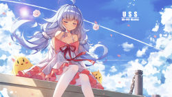 Rule 34 | 1girl, ahoge, azur lane, bare shoulders, bird, blue hair, blue sky, blush, breasts, chain, character name, cleavage, closed eyes, closed mouth, cloud, collarbone, dango remi, day, dock, dress, floating hair, halterneck, hat, highres, light particles, long hair, long sleeves, low twintails, mole, mole under eye, nicholas (azur lane), ocean, off shoulder, outdoors, pleated skirt, sidelocks, sitting, skirt, sky, sleeves past wrists, small breasts, solo, splashing, stuffed animal, stuffed toy, sunlight, thighhighs, twintails, waves, white thighhighs, wind, wind lift