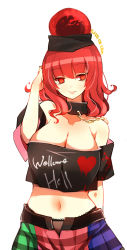 Rule 34 | 1girl, bare shoulders, black choker, black panties, black shirt, blue skirt, breasts, chain, choker, cleavage, clothes writing, commentary request, crop top, green skirt, hand up, heart, hecatia lapislazuli, highres, large breasts, long hair, looking at viewer, midriff, multicolored clothes, multicolored skirt, navel, off-shoulder shirt, off shoulder, panties, raptor7, red eyes, red hair, red skirt, shirt, short sleeves, simple background, skirt, smile, solo, stomach, t-shirt, touhou, underwear, upper body, white background