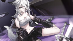 Rule 34 | 1girl, :d, animal ears, arknights, bandeau, bare legs, bare shoulders, black footwear, black jacket, black shorts, boots, commentary request, grey eyes, hair ornament, hairclip, highres, jacket, lappland (arknights), long hair, looking at viewer, material growth, midriff, navel, off shoulder, open mouth, oripathy lesion (arknights), short shorts, shorts, sitting, smile, solo, stomach, strapless, tail, tofusquisha, tube top, wariza, white hair, wolf ears, wolf tail