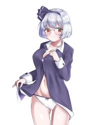 Rule 34 | 1girl, adapted costume, black hairband, black pajamas, black ribbon, bob cut, breasts, cleavage, clothes lift, collarbone, commentary request, commission, glasses, hair ribbon, hairband, konpaku youmu, medium breasts, midriff, navel, no pants, pajamas, panties, partially unbuttoned, red eyes, ribbon, ribbon panties, round eyewear, short hair, silver hair, small breasts, smile, stomach, taeminhyeon, touhou, underwear, white panties