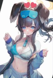 Rule 34 | 1girl, animal ears, blue archive, blue jacket, breasts, cheerleader, cleavage, dog ears, eyewear on head, halo, hanato (seonoaiko), hibiki (blue archive), hibiki (cheer squad) (blue archive), highres, jacket, looking at viewer, medium breasts, midriff, millennium cheerleader outfit (blue archive), navel, official alternate costume, open clothes, open jacket, simple background, skirt, solo, sunglasses, white background, white skirt