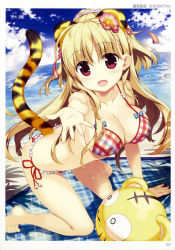 Rule 34 | 1girl, absurdres, all fours, animal ears, arm support, artist name, bare legs, bare shoulders, barefoot, bikini, blonde hair, breasts, cat ears, cat tail, cleavage, cloud, collarbone, day, fake animal ears, feet, flower, fujima takuya, hair flower, hair ornament, highres, long hair, looking at viewer, medium breasts, open mouth, outdoors, outstretched arm, red eyes, scan, side-tie bikini bottom, sky, smile, solo, swimsuit, tail, tiger ears, tiger tail, toes, toranoana