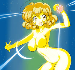 Rule 34 | 1girl, absurdres, antenna hair, artist request, bare legs, breasts, brown eyes, brown hair, corrector yui, curvy, happy, highres, kasuga yui, looking at viewer, magical girl, medium breasts, no nipples, nude, open mouth, shiny skin, short hair, simple background, smile, solo, transformation, transformation scene
