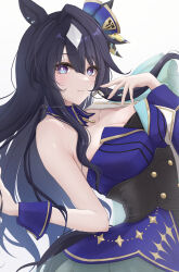 Rule 34 | 1girl, absurdres, bare arms, bare shoulders, black hair, blue dress, blush, breasts, cleavage, commentary, dress, highres, large breasts, long hair, looking at viewer, mino (mii mt), mole, mole under eye, purple eyes, simple background, smile, solo, strapless, strapless dress, umamusume, upper body, verxina (umamusume), very long hair, white background, wrist cuffs
