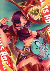 Rule 34 | 1girl, absurdres, black choker, black hair, boots, breasts, choker, electric guitar, fingerless gloves, gloves, green eyes, guilty gear, guilty gear strive, guitar, hat, highres, i-no, instrument, large breasts, looking at viewer, mole, mole above mouth, red footwear, red headwear, red leather, red lips, short hair, sunglasses, telrem, thigh boots, tinted eyewear, venus symbol, witch hat