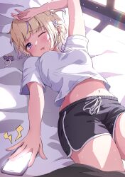 Rule 34 | 1girl, absurdres, black shorts, blonde hair, blush, breasts, highres, hololive, hololive dev is, lying, multicolored hair, navel, on back, one eye closed, open mouth, purple eyes, purple hair, shirt, short hair, short shorts, short sleeves, shorts, solo, streaked hair, t4n4k4 no yosei, todoroki hajime, two side up, virtual youtuber, white shirt