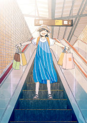 Rule 34 | 1girl, ^ ^, absurdres, arrow (symbol), backlighting, backpack, bag, black footwear, black hair, blue dress, blush, ceiling, closed eyes, dot nose, dress, escalator, facing viewer, full body, hair behind ear, happy, hat, highres, holding, holding bag, itunohika, legs apart, long dress, nail polish, open mouth, original, outstretched arms, pinafore dress, red nails, round teeth, sandals, scenery, shirt, shopping bag, short hair, short sleeves, sign, sleeveless, sleeveless dress, sleeves rolled up, smile, solo, spread arms, standing, straight-on, straw hat, striped clothes, striped dress, sun hat, sunlight, swept bangs, teeth, tile wall, tiles, toenail polish, toenails, train station, upper teeth only, vertical-striped clothes, vertical-striped dress, watch, white shirt, wristwatch