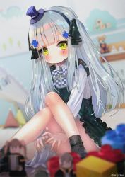 Rule 34 | 1girl, apron, bad id, bad twitter id, black apron, black footwear, black hairband, black ribbon, black socks, blunt bangs, blurry, blurry background, blurry foreground, blush, bow, closed mouth, collared shirt, commentary request, depth of field, facial mark, frilled apron, frills, girls&#039; frontline, green eyes, hair ribbon, hairband, hanato (seonoaiko), hat, highres, hk416 (black kitty&#039;s gift) (girls&#039; frontline), hk416 (girls&#039; frontline), knees up, lego brick, lego minifig, long hair, long sleeves, looking at viewer, mini hat, mini top hat, official alternate costume, purple headwear, ribbed legwear, ribbon, shirt, shoes, silver hair, skirt, socks, solo, stuffed animal, stuffed toy, teddy bear, tilted headwear, top hat, twitter username, two side up, ump45 (girls&#039; frontline), ump9 (girls&#039; frontline), very long hair, white shirt, white skirt