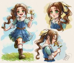 Rule 34 | 1girl, aerith gainsborough, aged down, aqua shirt, belt, blue dress, boots, brown belt, brown hair, child, closed eyes, dress, final fantasy, final fantasy vii, final fantasy vii remake, flower, frilled dress, frilled shirt, frills, full body, grass, green eyes, hair ribbon, highres, holding, holding flower, lily (flower), long hair, michelle kristolia, multiple views, official alternate costume, open mouth, outdoors, parted bangs, parted lips, ponytail, ribbon, shirt, sidelocks, signature, smelling flower, smile, teeth, upper body, upper teeth only, wavy hair, yellow flower, yellow ribbon