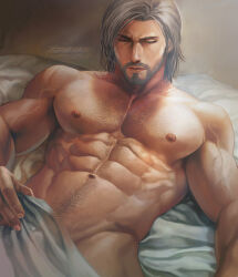 Rule 34 | 1boy, abs, absurdres, aenaluck, artist name, bara, bed, blanket, chest hair, covering with blanket, facial hair, grey hair, highres, large pectorals, lying, male focus, master (aenaluck), muscular, muscular male, navel, navel hair, nipples, on back, on bed, original, pectorals, short hair, solo