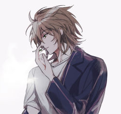 Rule 34 | 1boy, aji (sagi 45), blue jacket, brown eyes, cigarette, closed mouth, commentary request, green eyes, highres, holding, holding cigarette, isoi reiji, jacket, jacket partially removed, long sleeves, male focus, saibou shinkyoku, shirt, short hair, short sleeves, simple background, solo, t-shirt, upper body, white background, white shirt