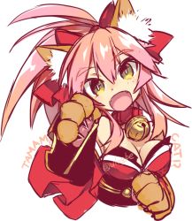 Rule 34 | 1girl, :d, animal ears, animal hands, bell, bow, breasts, cleavage, collar, detached sleeves, fang, fate/grand order, fate (series), fox ears, gloves, hair bow, japanese clothes, kimono, neck bell, negi (ulog&#039;be), obi, open mouth, paw gloves, pink hair, ponytail, sash, smile, solo, tamamo (fate), tamamo cat (fate), tamamo cat (first ascension) (fate), tamamo no mae (fate/extra), upper body, yellow eyes