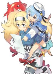 Rule 34 | 2girls, 3:, ahenn, aqua neckwear, black ribbon, blonde hair, blue eyes, blue hair, blue sailor collar, blue shirt, blush, breast pocket, carrying, collared shirt, confused, dixie cup hat, double bun, dress, enemy lifebuoy (kancolle), gambier bay (kancolle), gloves, hair between eyes, hair bun, hair ornament, hairband, hairpin, hat, hat ribbon, kantai collection, light blush, long sleeves, military hat, miniskirt, multicolored clothes, multiple girls, neckerchief, open mouth, paper, piggyback, pleated skirt, pocket, pointing, red footwear, ribbon, sailor collar, sailor dress, samuel b. roberts (kancolle), school uniform, serafuku, shirt, short hair, short sleeves, shorts, simple background, skirt, sleeve cuffs, star (symbol), thighhighs, twintails, white background, white hat, white legwear, white shirt, yellow eyes