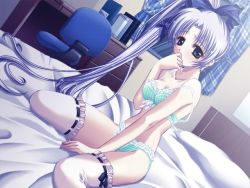 Rule 34 | 1girl, bed, bed sheet, bedroom, blue eyes, blue hair, book, bow, bra, chair, curtains, desk, game cg, hair bow, hand to own mouth, indoors, lingerie, long hair, matching hair/eyes, off shoulder, office chair, one 2 ~eien no yakusoku~, panties, ponytail, serizawa kokone, side ponytail, silver hair, solo, swivel chair, thighhighs, underwear, underwear only, very long hair, white thighhighs, window