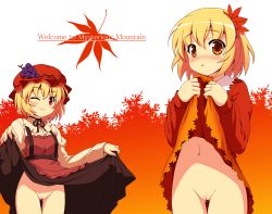 Rule 34 | 2girls, aki minoriko, aki shizuha, blonde hair, blush, bottomless, clothes lift, dress, dress lift, english text, female focus, food, fruit, grapes, hair ornament, hat, highres, leaf, leaf hair ornament, md5 mismatch, multiple girls, no panties, one eye closed, pussy, red eyes, siblings, sisters, skirt, skirt lift, smile, touhou, uncensored, wink, yamasan, yellow eyes