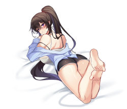 Rule 34 | 1girl, absurdres, ass, back, bare shoulders, barefoot, black hair, black shorts, blue jacket, bra strap, breasts, camisole, counter:side, dolphin shorts, feet, from behind, highres, jacket, large breasts, legs up, long hair, looking at viewer, looking back, maett, off shoulder, ponytail, purple eyes, shirt, short shorts, shorts, sleeveless, sleeveless shirt, solo, spaghetti strap, strap slip, thighs, very long hair, white shirt, yoo mina